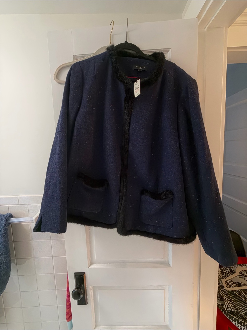 Talbots Navy Speckle Jacket with Black Faux-Fur Trim